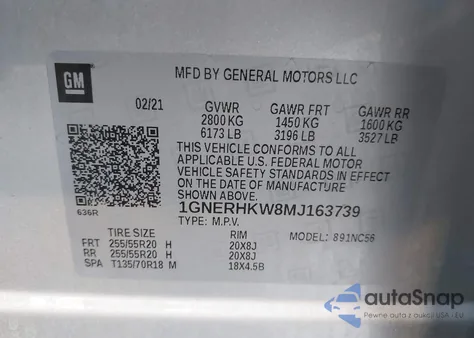 2021 Chevrolet Traverse Fwd Lt Leather from USA, damaged, VIN 1GNERHKW8MJ163739